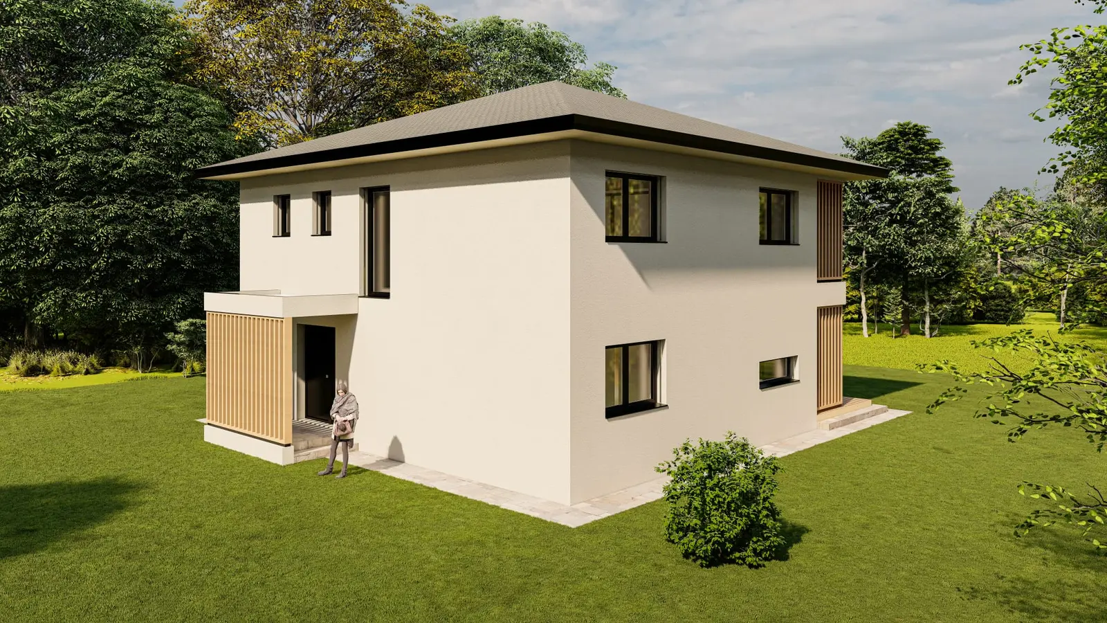 Rückansicht eines modernen Fertigteilhauses
